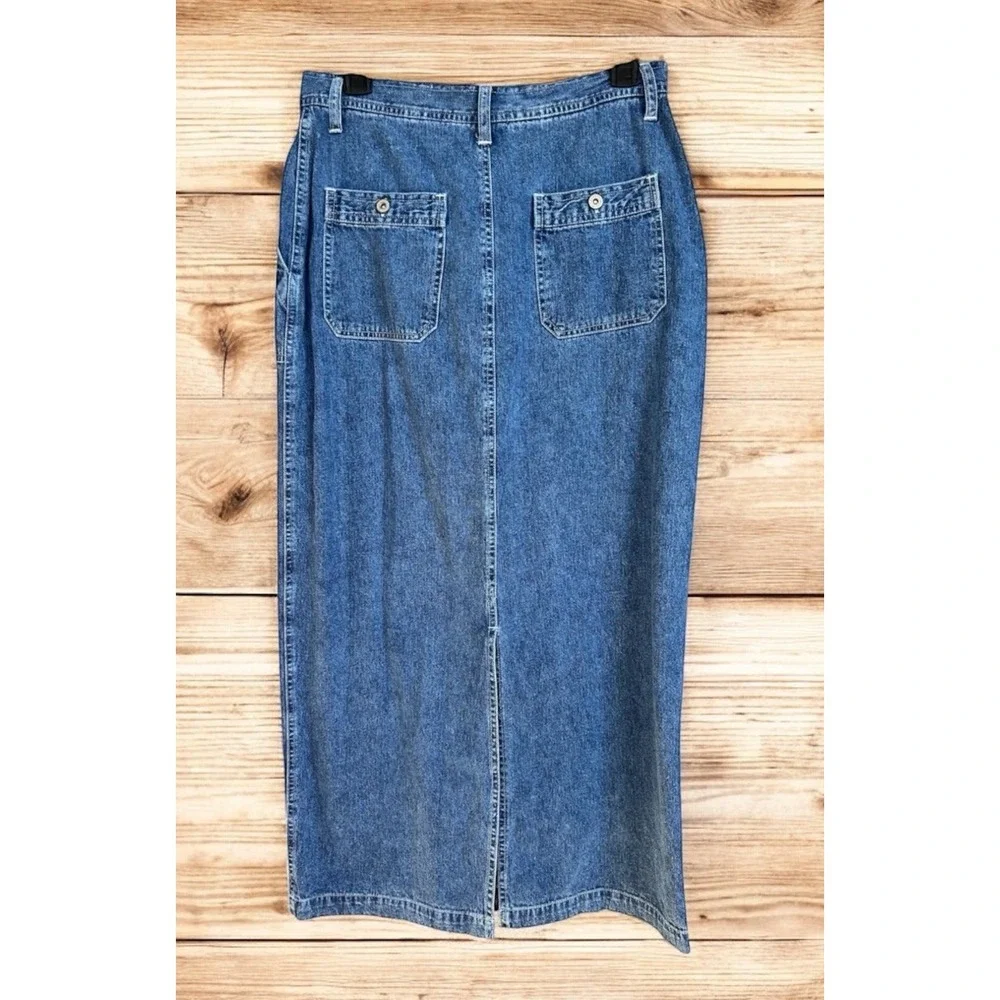 VTG Faded Glory Womens Blue Denim Maxi Skirt Size 10 Pockets Back Slit Y2K 90's